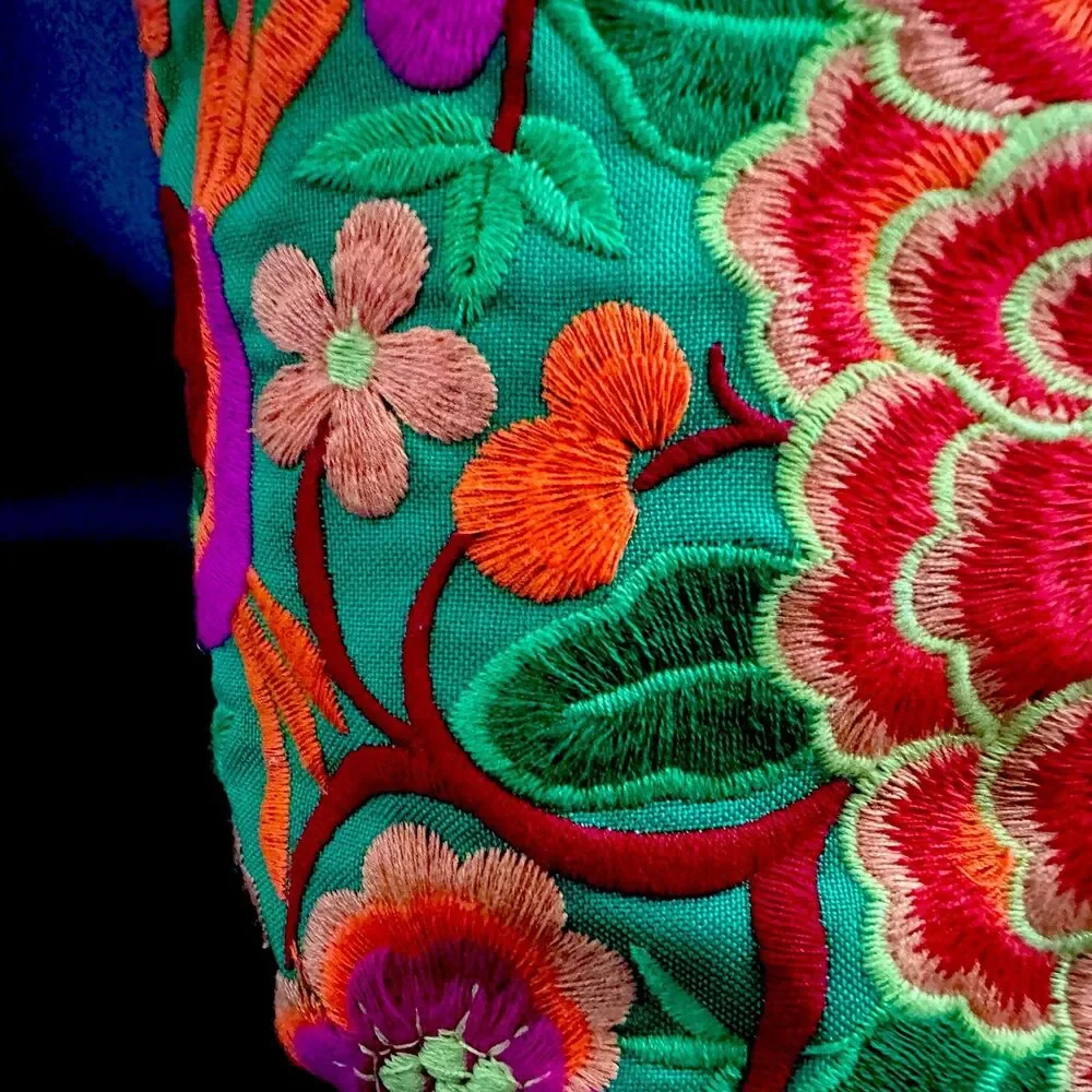 Thai Hmong Embroidered Cosmetic Bag Peony Floral Makeup Pouch 8” Boho Travel